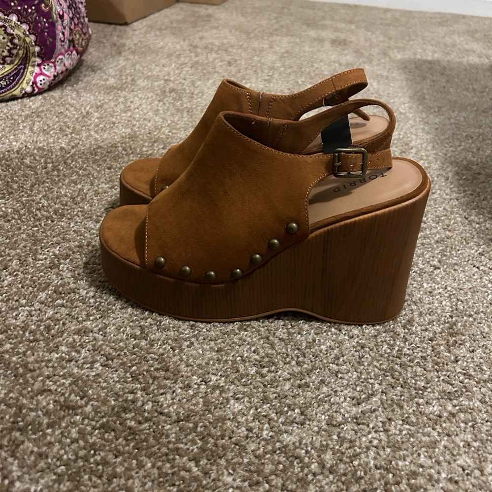 Torrid Tan Wedge Mules with Stud Accents